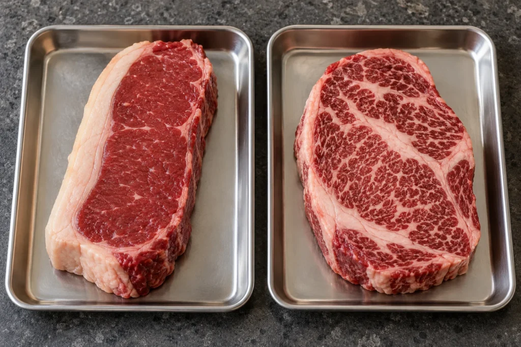 Two raw steak cross sections showing a thick external fat cap and fine intramuscular marbling.