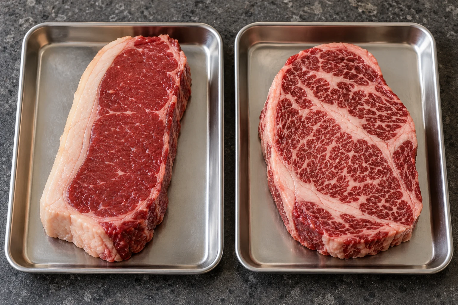 Two raw steak cross sections showing a thick external fat cap and fine intramuscular marbling.