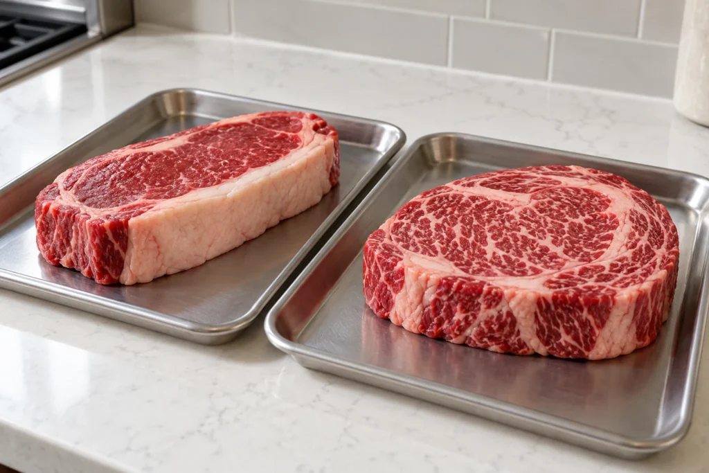 Two raw beef steaks contrasting a thick external fat cap with fine intramuscular marbling.
