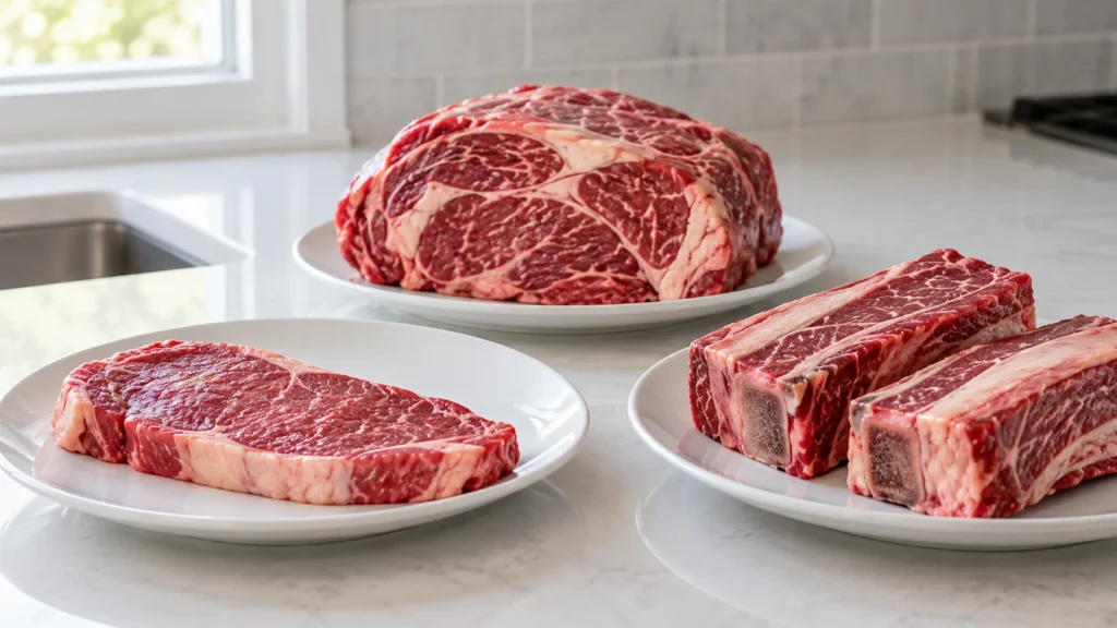 A tender steak, a marbled chuck roast, and beef short ribs on separate white plates.
