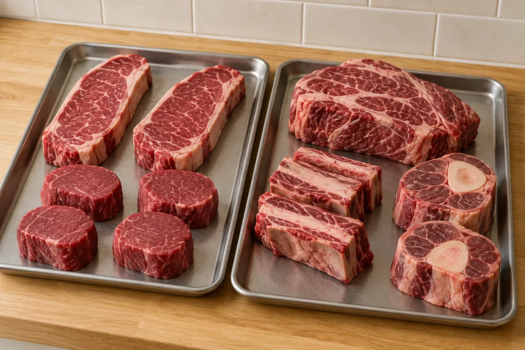 Strip steaks and tenderloin medallions on one tray, with chuck roast, short ribs, and shank on another.
