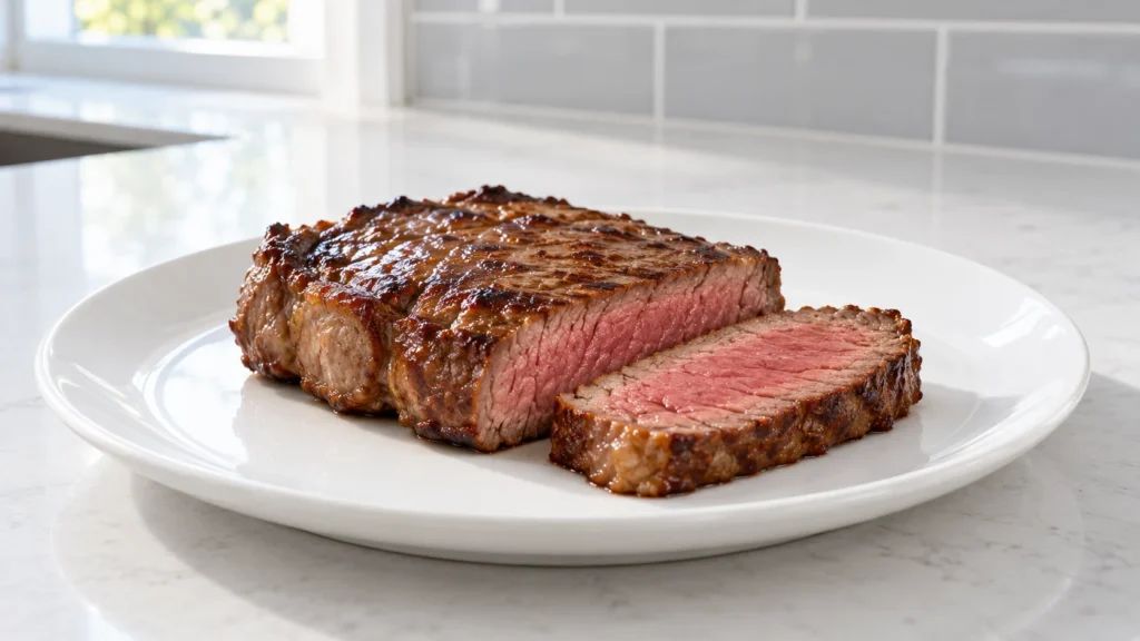 A plainly seared beef steak sliced to reveal a rosy interior on a white plate.