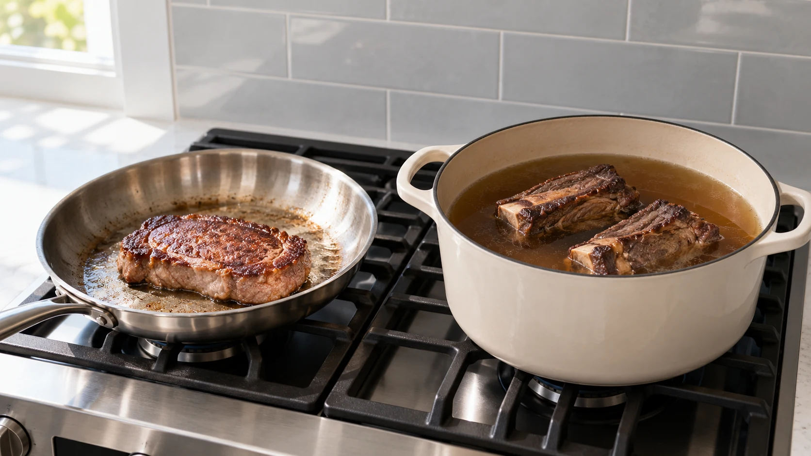 A beef steak in a skillet beside beef short ribs braising in a Dutch oven on an accessible stovetop.
