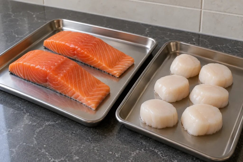 Raw salmon fillets and sea scallops on separate plain stainless trays.