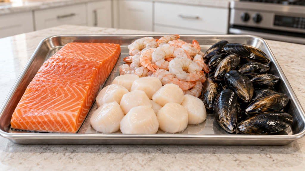 Salmon, scallops, shrimp, and closed mussels are organized plainly on a stainless tray.