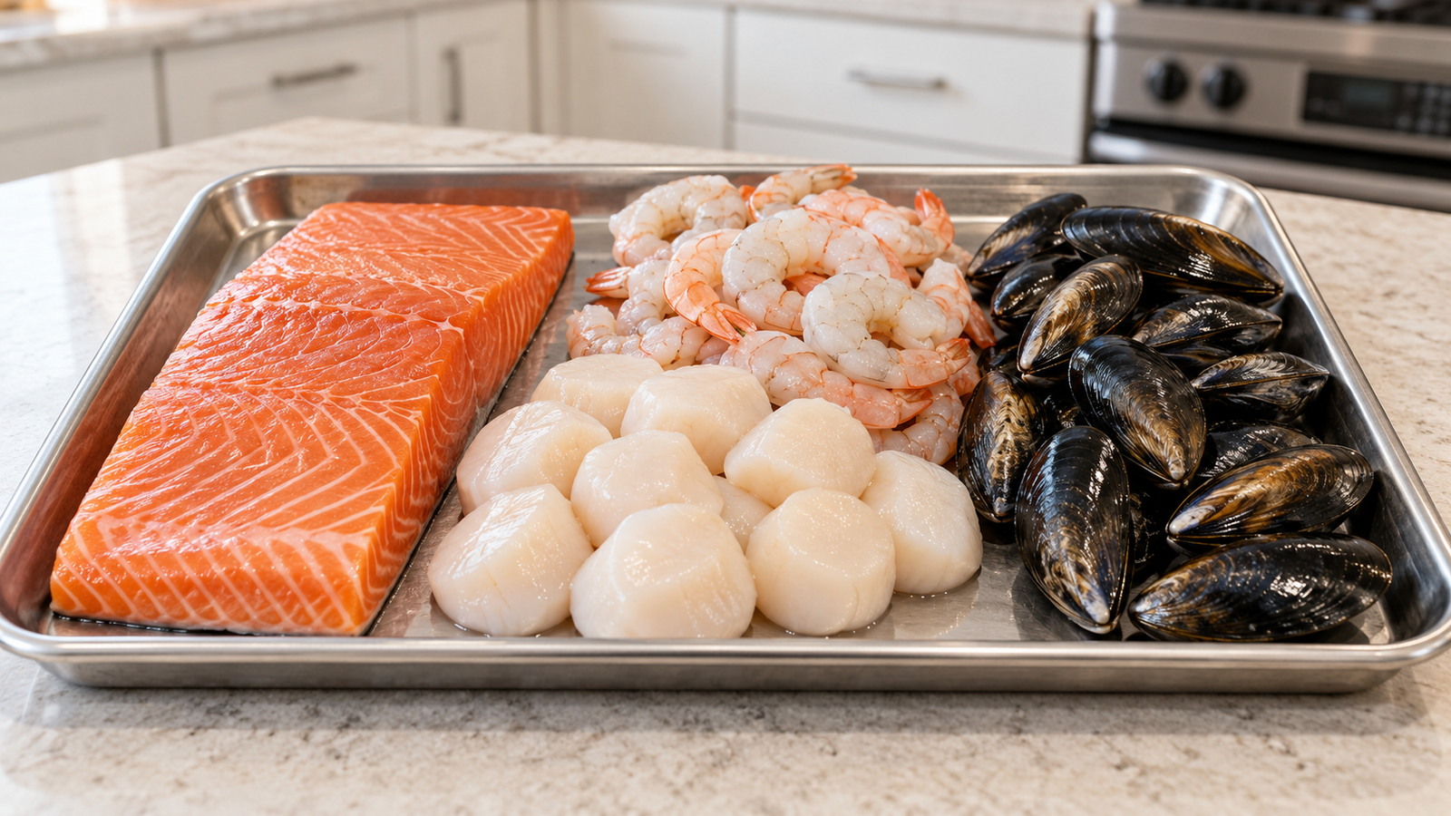 Salmon, scallops, shrimp, and closed mussels are organized plainly on a stainless tray.