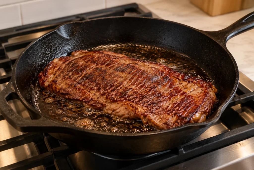 Flank steak developing a brown crust while searing in a cast-iron skillet.