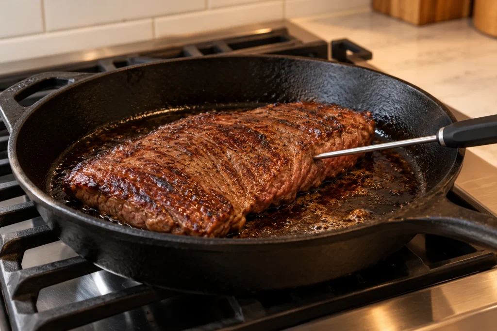 Cast-iron flank steak checked from the side with an instant-read temperature probe.