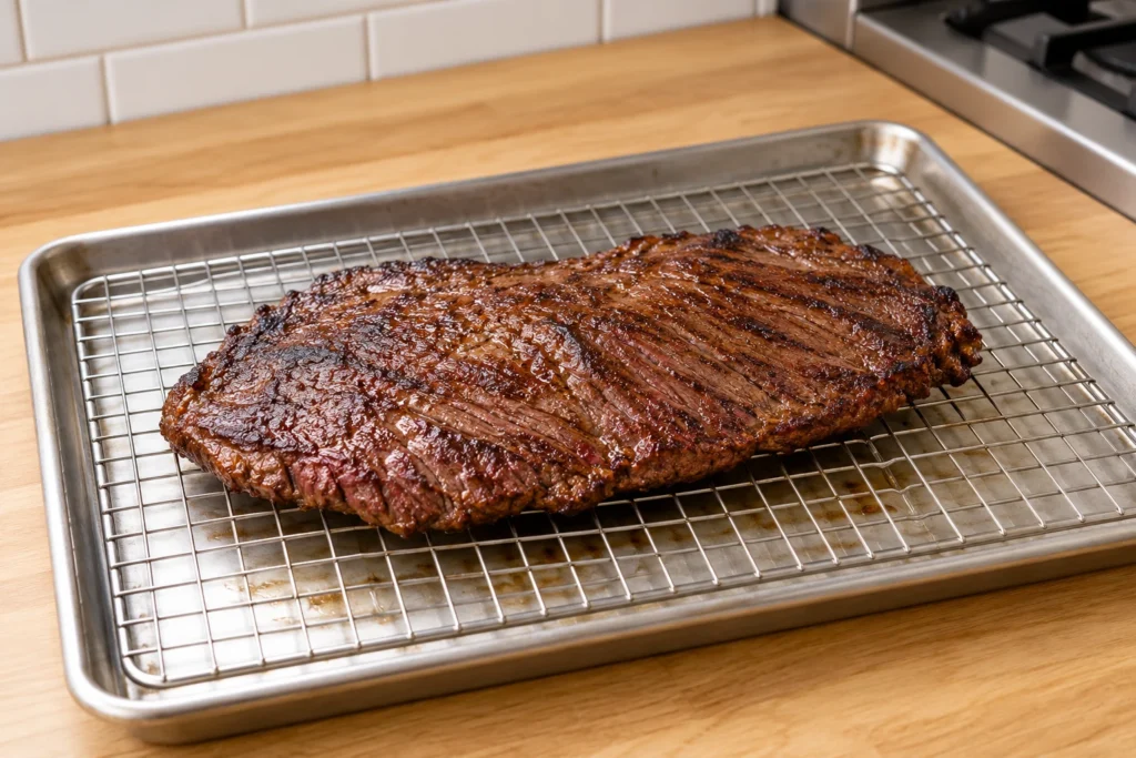 Cast-iron seared flank steak resting on a wire rack before slicing.