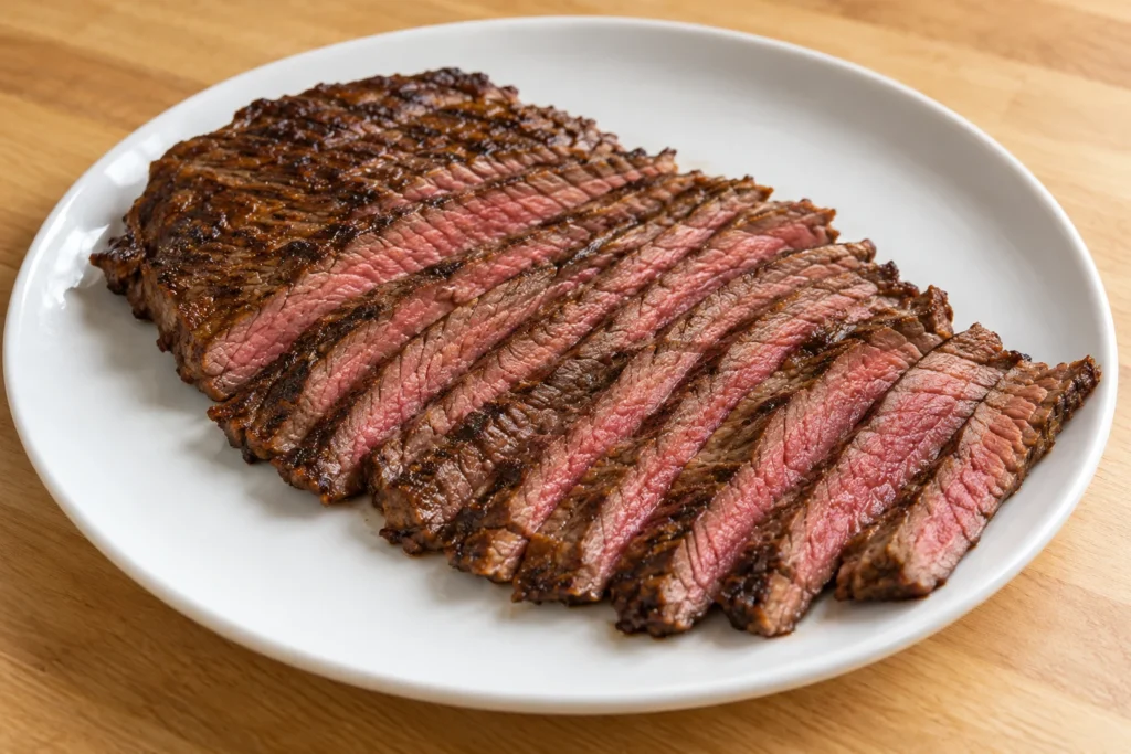 Cast-iron flank steak cut into thin slices across the grain with a rosy medium-rare center.