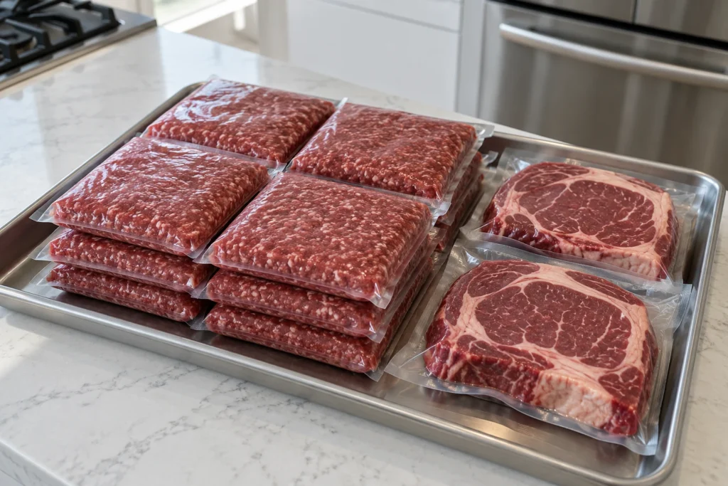 Unlabelled vacuum-sealed ground beef and steak portions stacked compactly on a plain tray.
