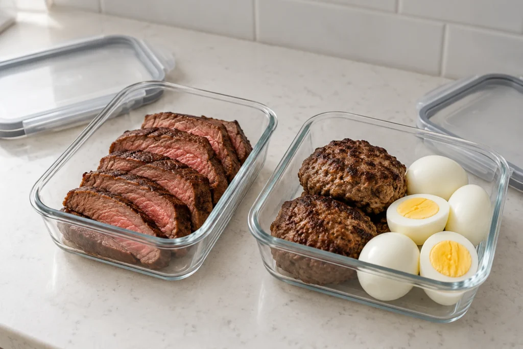 Two clear glass containers holding sliced beef steak, beef patties, and hard-boiled eggs.