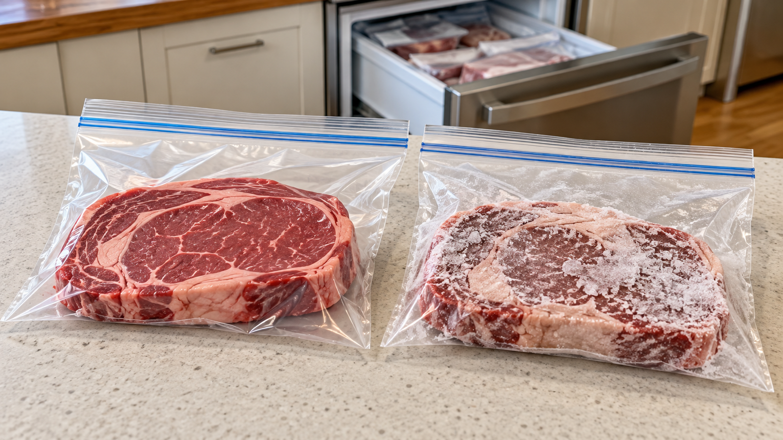 Freezer-burned and properly stored meat compared on a light oak counter in a contemporary home kitchen.