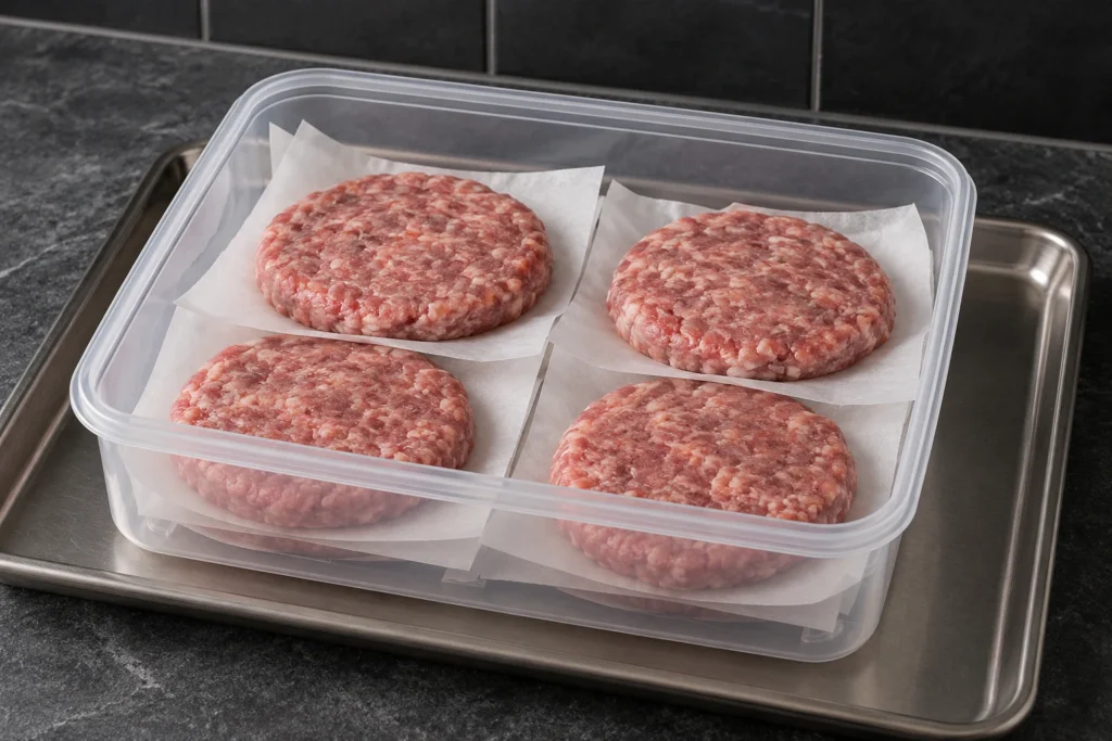 Plain raw pork sausage patties separated with parchment inside an unlabelled freezer-safe container.