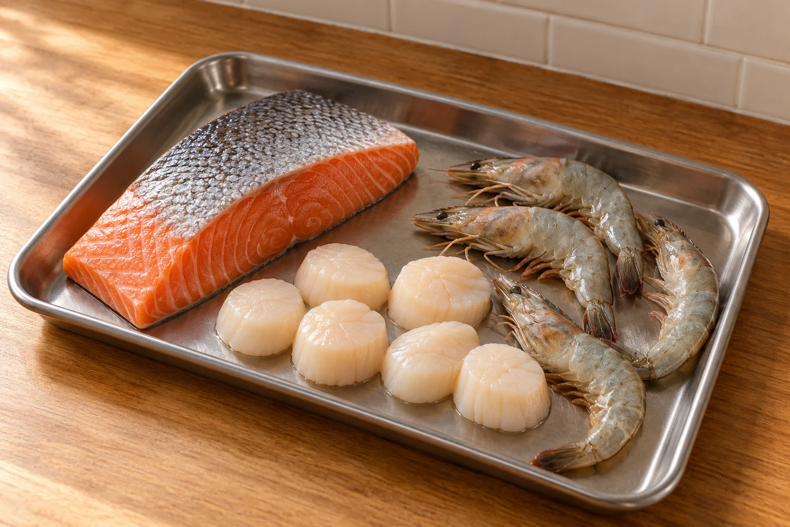 Unseasoned salmon fillet, dry scallops, and shell-on raw shrimp arranged separately on a stainless-steel tray.