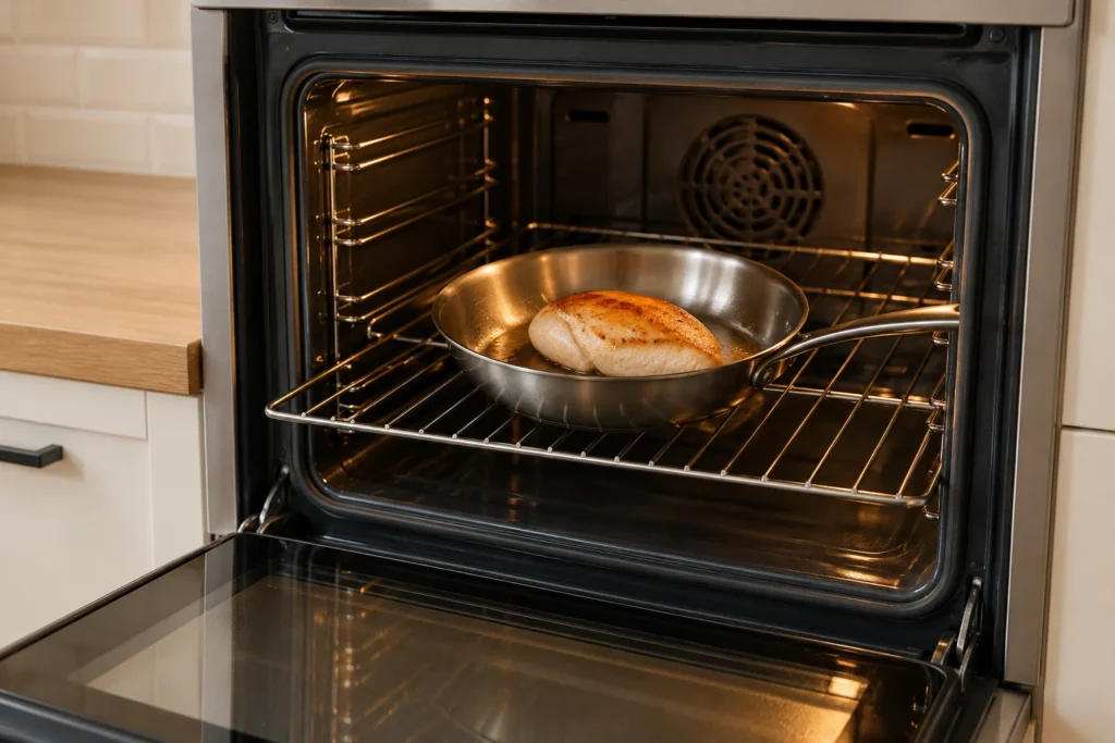 A plain browned chicken breast in a small stainless skillet centered on an open oven rack.