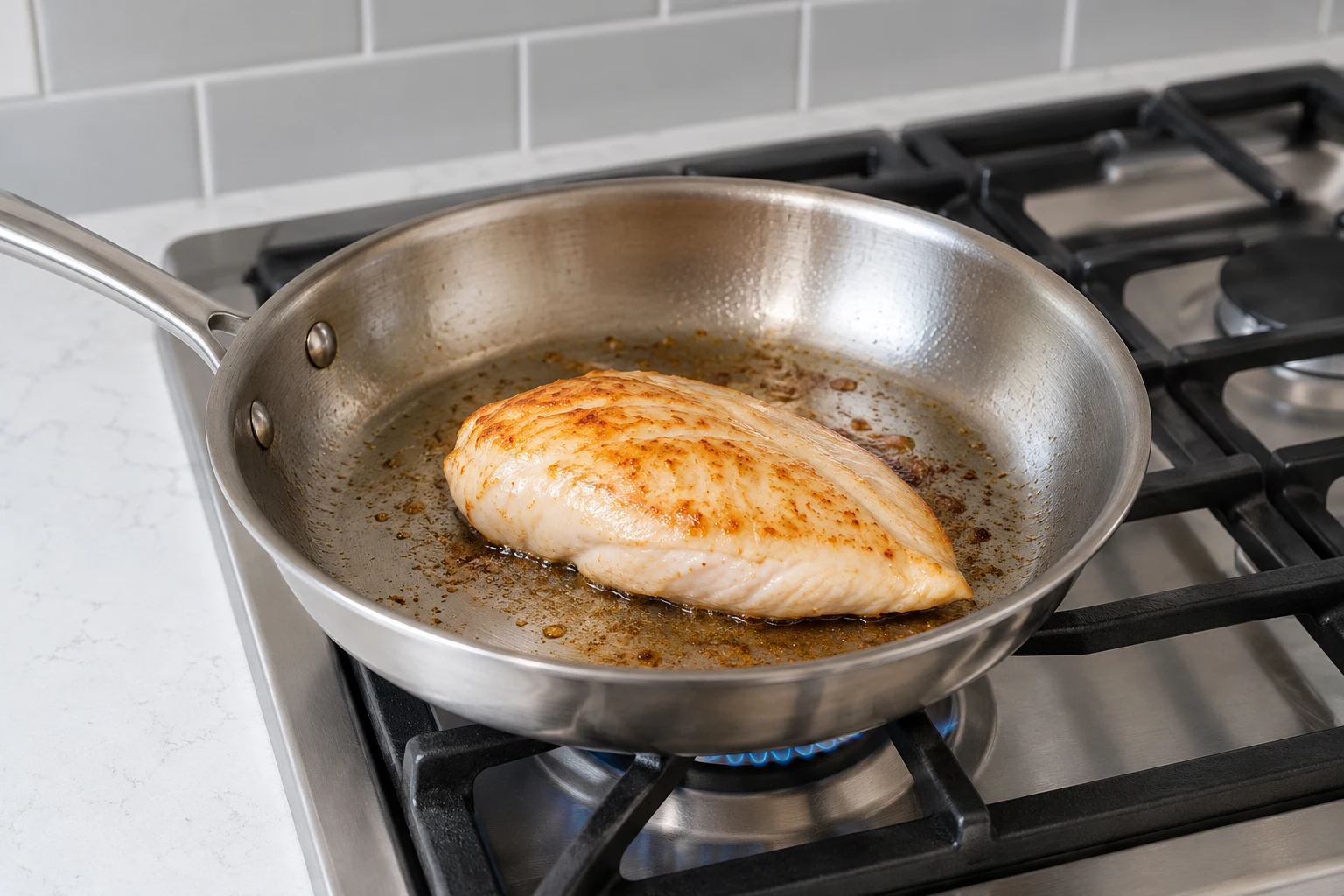 A plain boneless skinless chicken breast cooking by itself in an uncrowded stainless skillet.