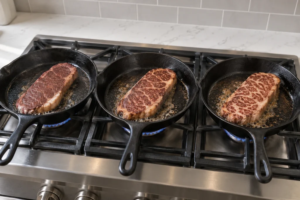 Three unlabelled beef strip steaks with varying marbling searing in separate cast-iron skillets.
