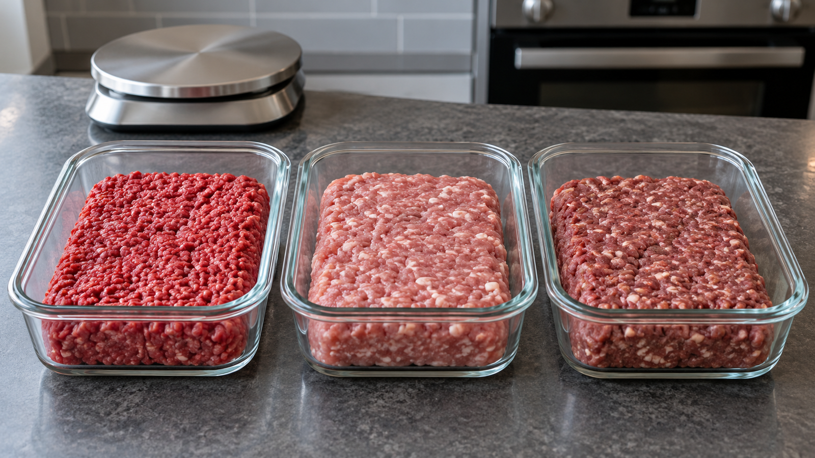 Organized portions of ground meat for meal preparation on a graphite counter in a contemporary home kitchen.