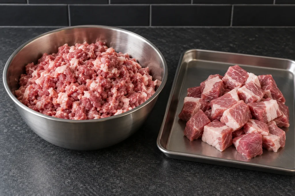 Coarse hand-chopped pork in a stainless bowl beside larger diced pork pieces on a tray.