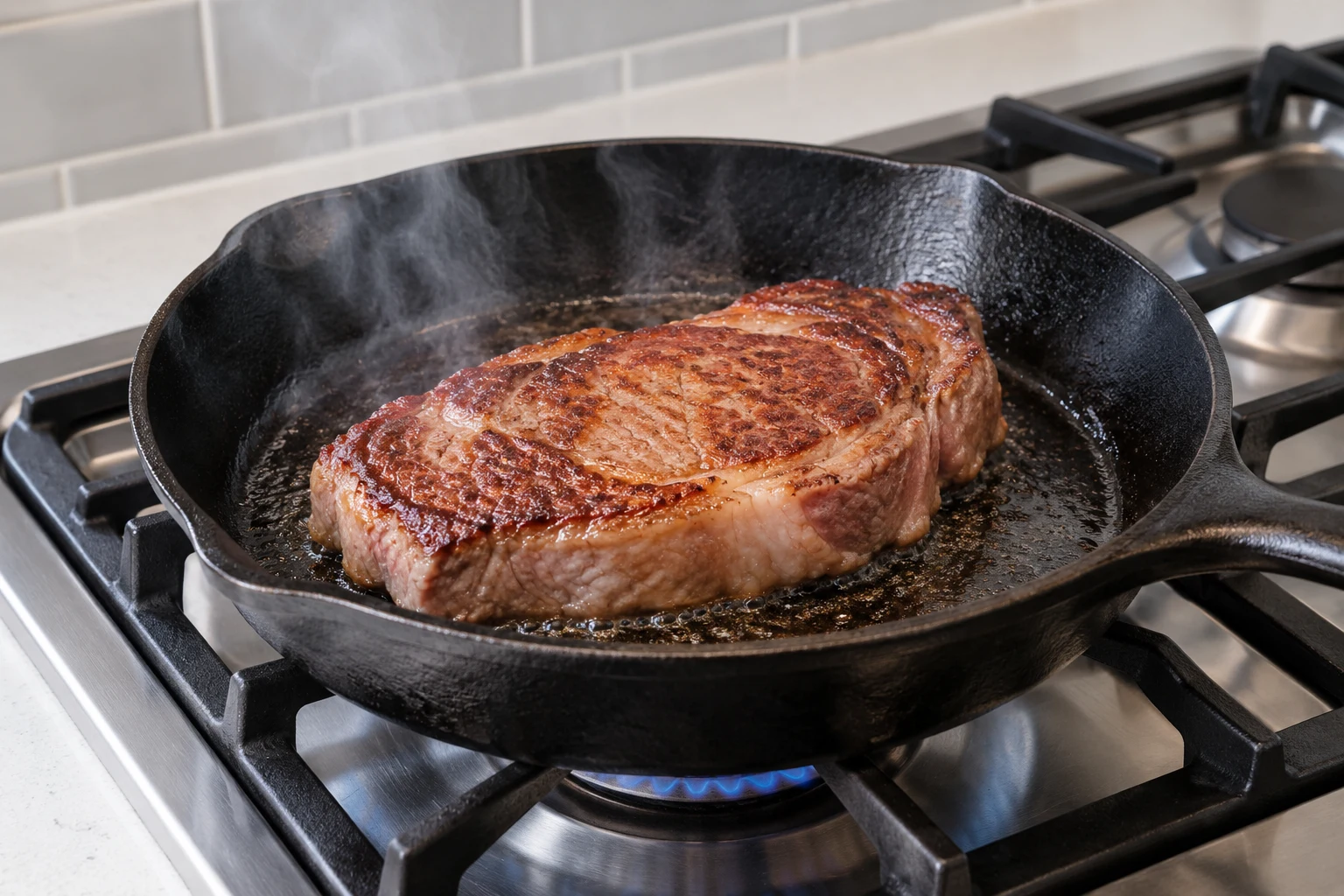 A thick plain beef steak searing in a cast-iron skillet over a high gas flame.