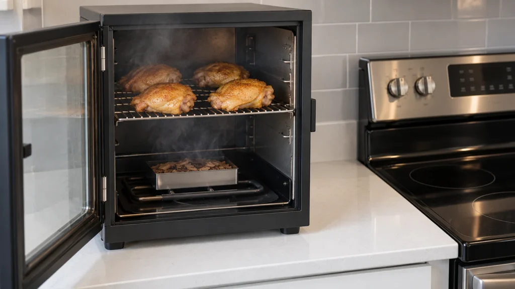 Chicken thighs arranged on the indirect side of a smoker, away from the coals.