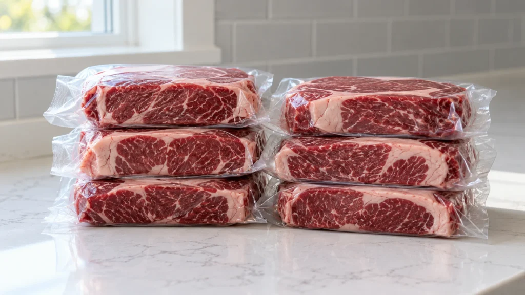 Individually vacuum-sealed raw beef steaks arranged in orderly stacks.