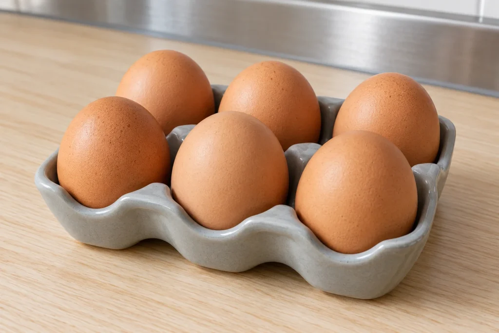 Six intact brown chicken eggs in a plain gray ceramic egg tray.