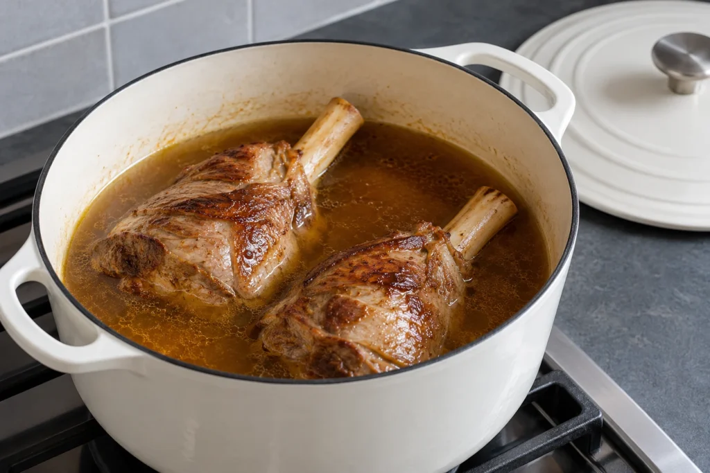Browned lamb shanks partly submerged in amber broth in a Dutch oven.