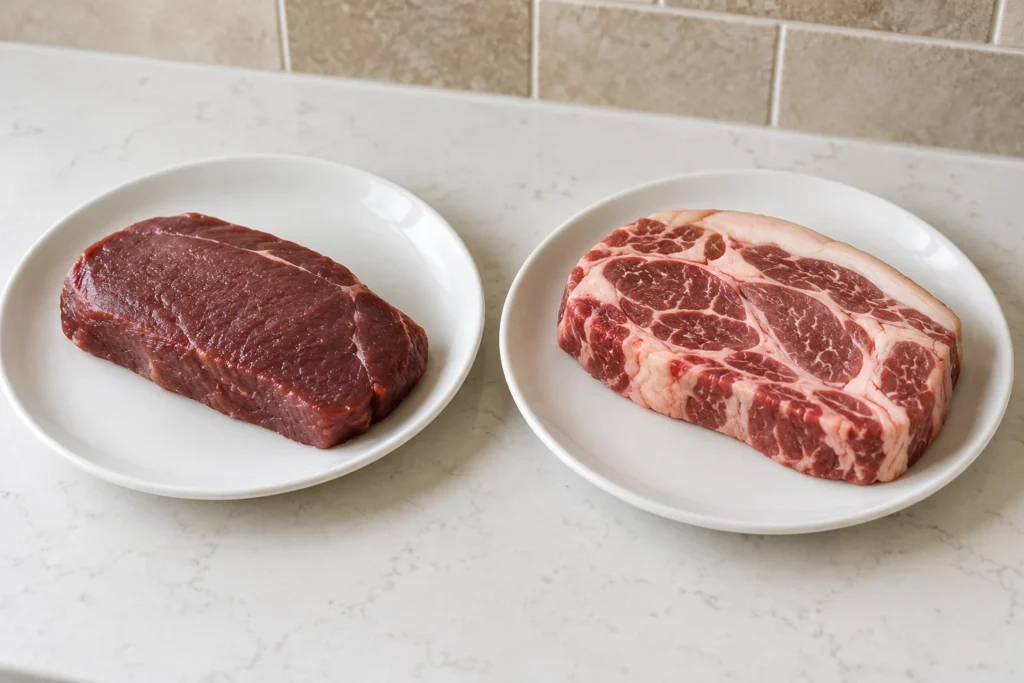 A lean elk steak and a well-marbled lamb shoulder steak shown side by side on separate white plates.