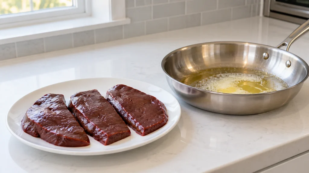 Raw beef liver slices beside a skillet containing melted butter.