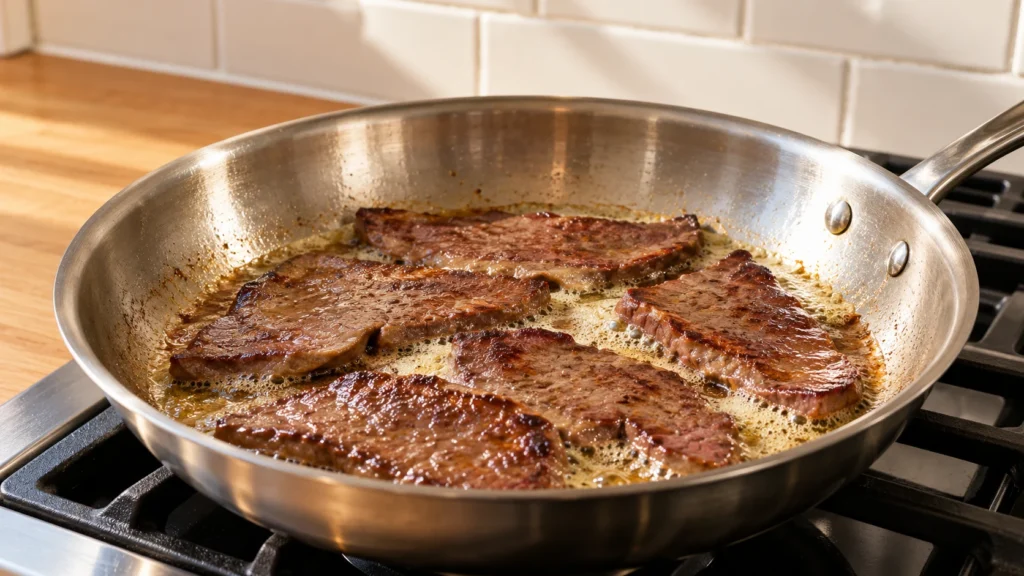Thin beef liver slices lightly browning in melted butter.