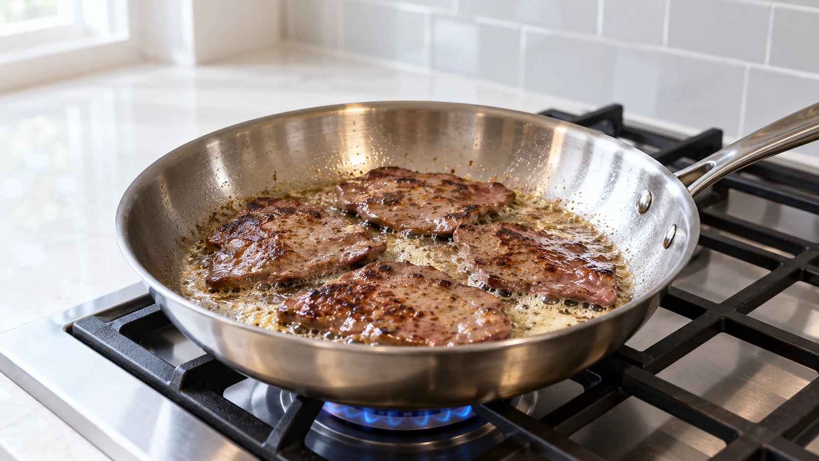 Thin beef liver slices browning in melted butter in a stainless-steel skillet.