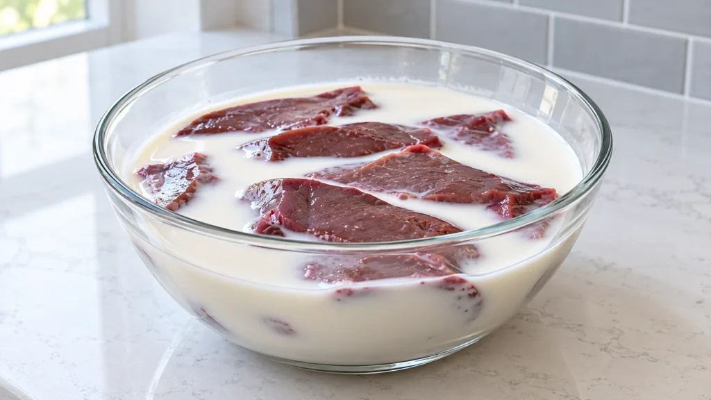 Raw beef liver slices submerged in plain white milk in a glass bowl.