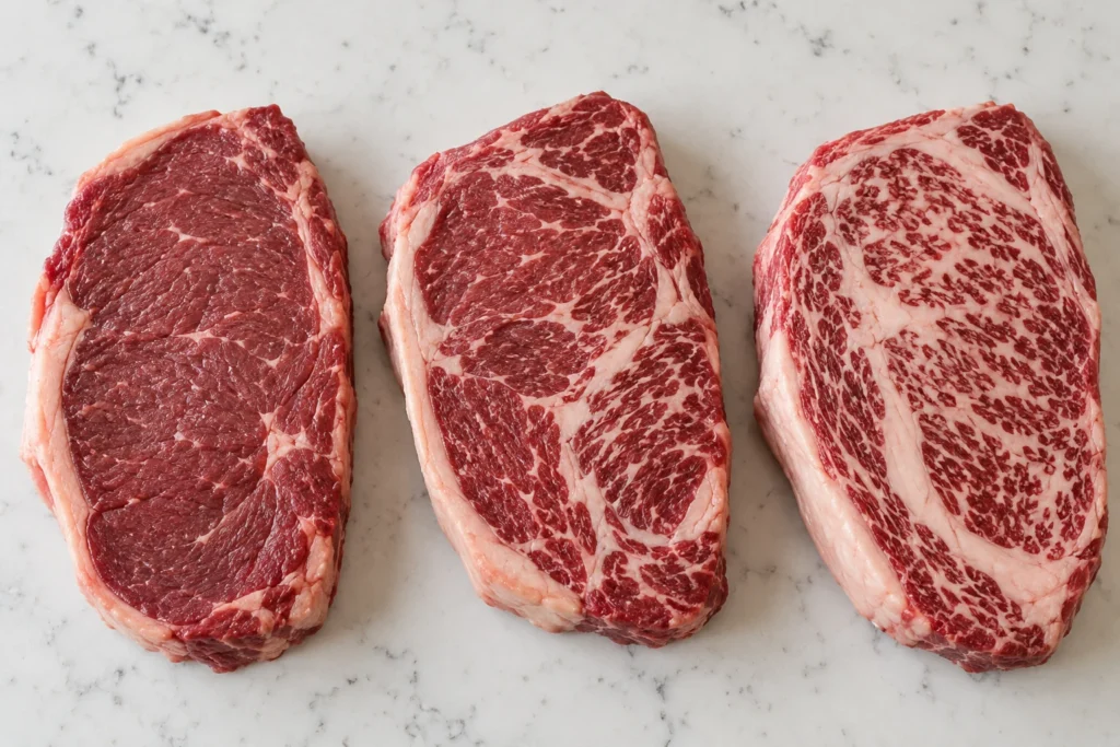Three raw beef steak cross sections showing sparse, moderate, and abundant intramuscular marbling in close detail.