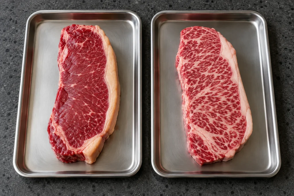 Two unlabelled beef strip steaks showing a leaner cut and a more heavily marbled cut.