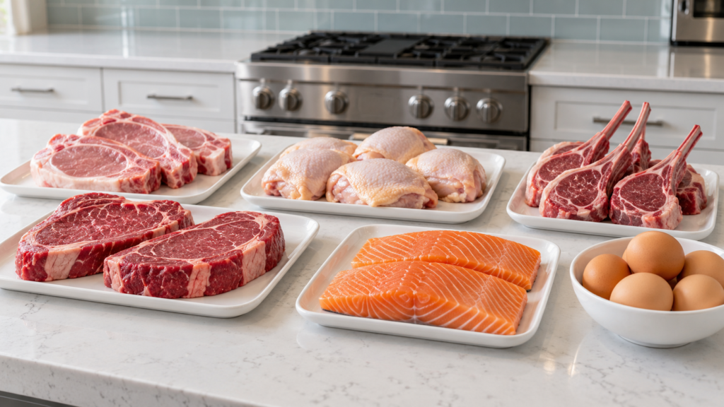 Animal proteins including beef, poultry, fish, eggs, and dairy are arranged clearly on a kitchen counter.