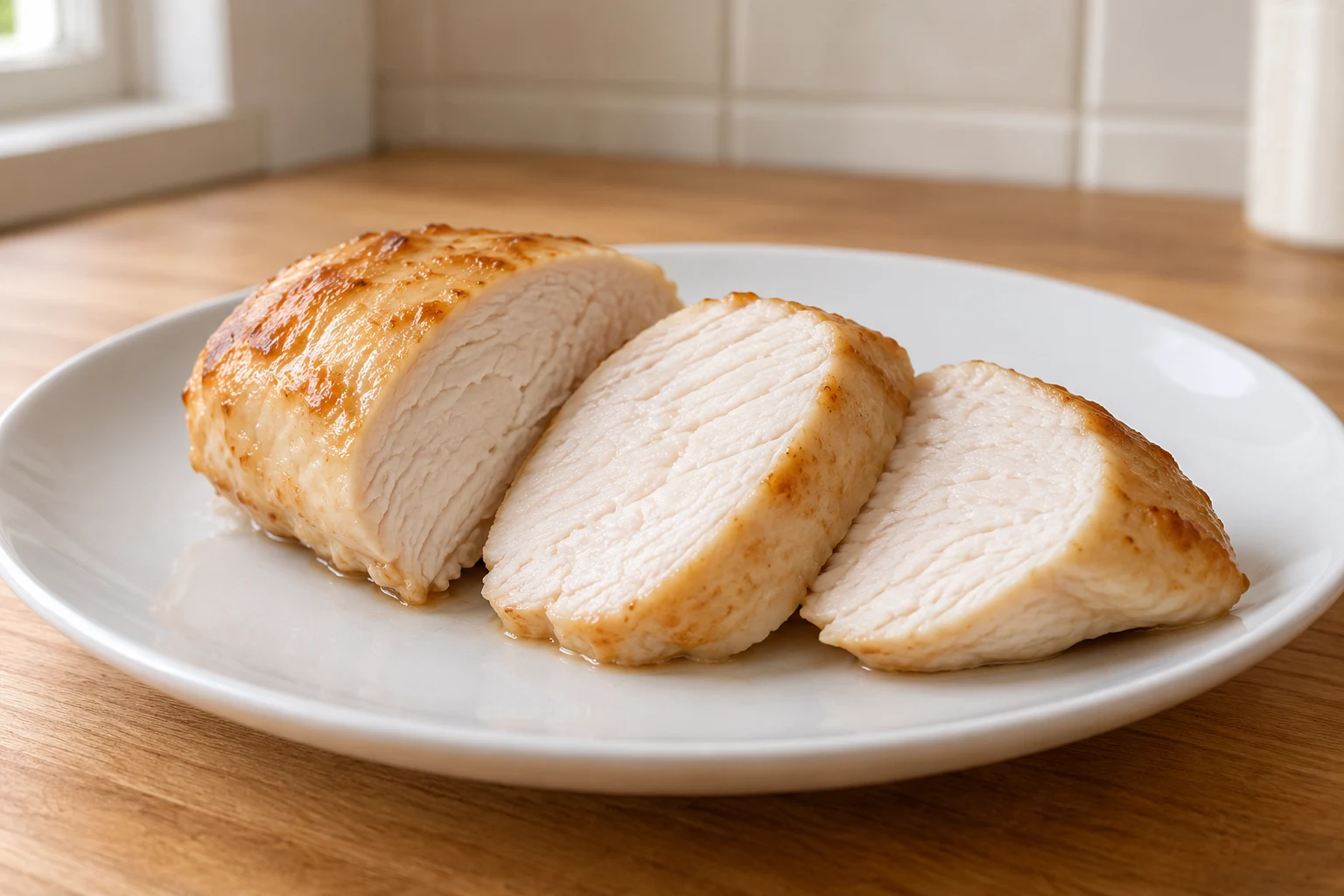Plain sliced chicken breast with an opaque white, moist, uniformly cooked interior.