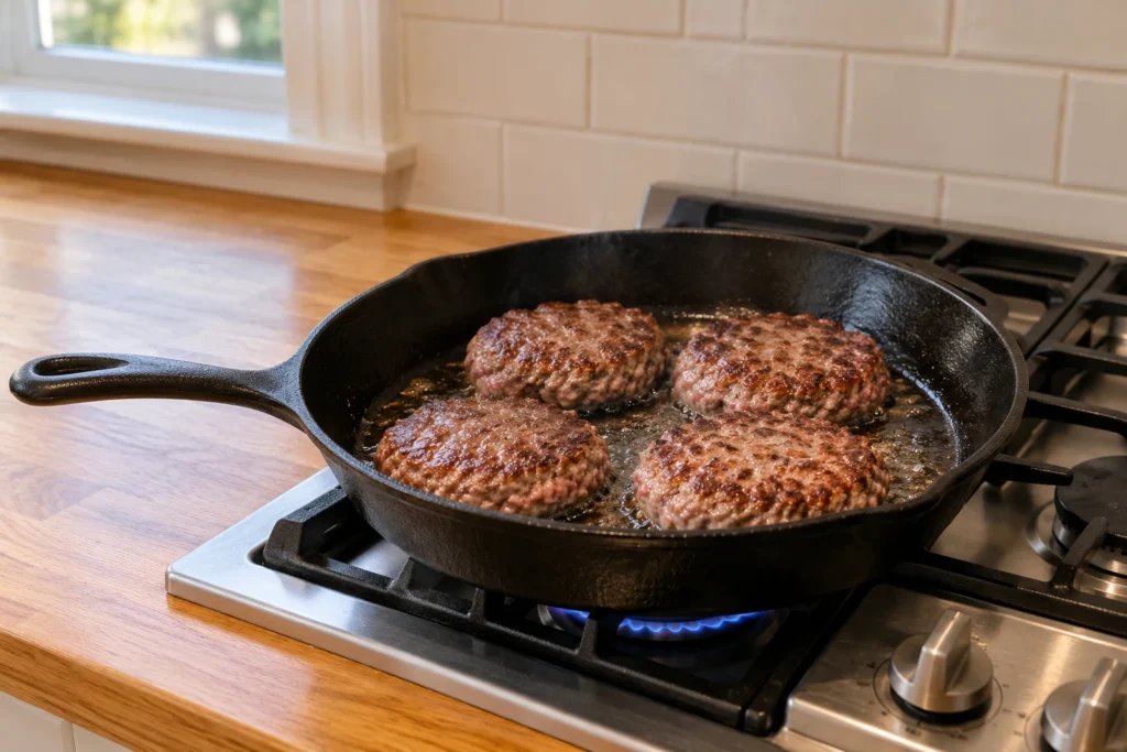 Four plain beef patties cooking in an uncrowded cast-iron skillet over an accessible gas burner.