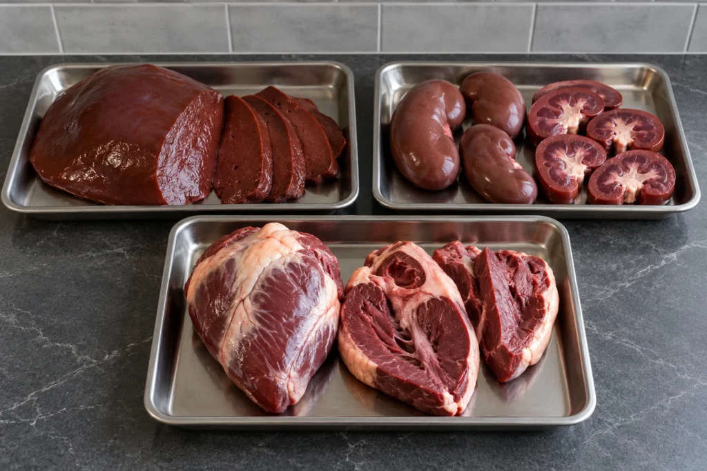 Beef liver, kidney, and heart portions arranged on separate plain stainless trays.