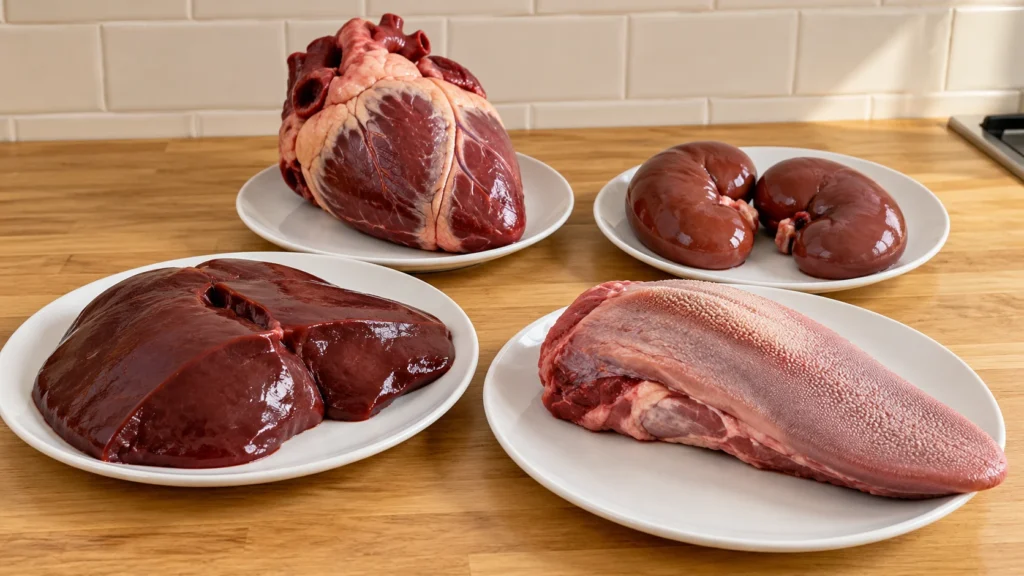 Raw beef liver, beef heart, cleaned kidneys, and beef tongue on separate white plates.