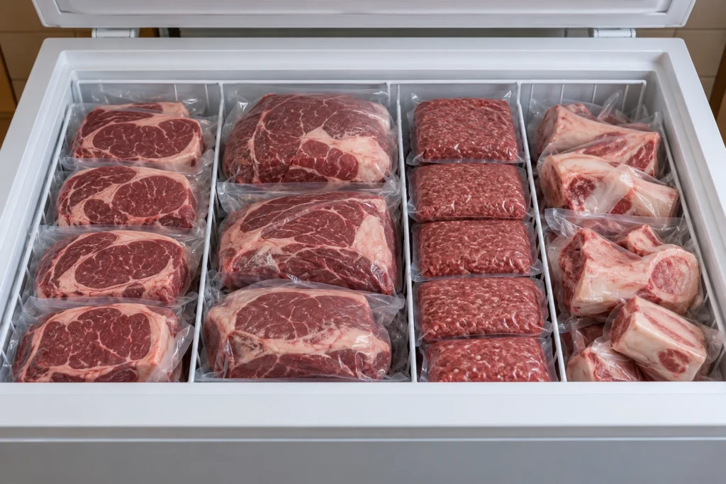 An open home freezer drawer with unlabelled vacuum-sealed beef steaks, roasts, ground beef, and bones organized by type.