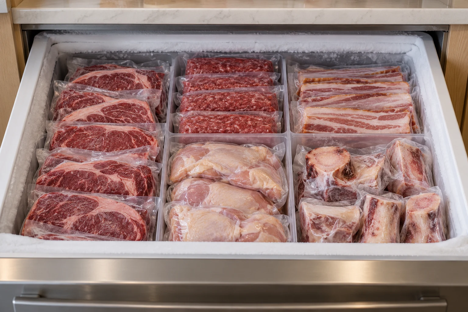 An open freezer drawer with unlabelled portions of steaks, ground beef, chicken thighs, bacon, and beef bones divided by type.