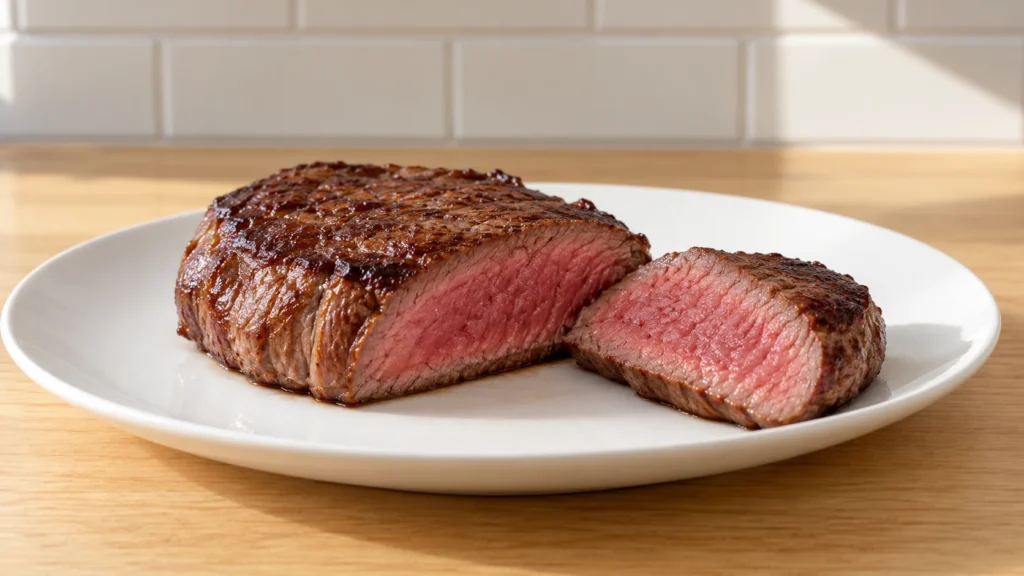A pan-seared beef heart steak with a rosy interior on a white plate.
