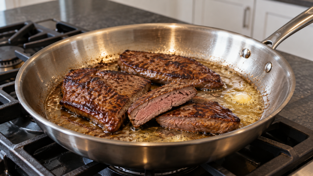 Several browned beef-liver slices cook in melted butter in a stainless skillet, with one cut to reveal its center.