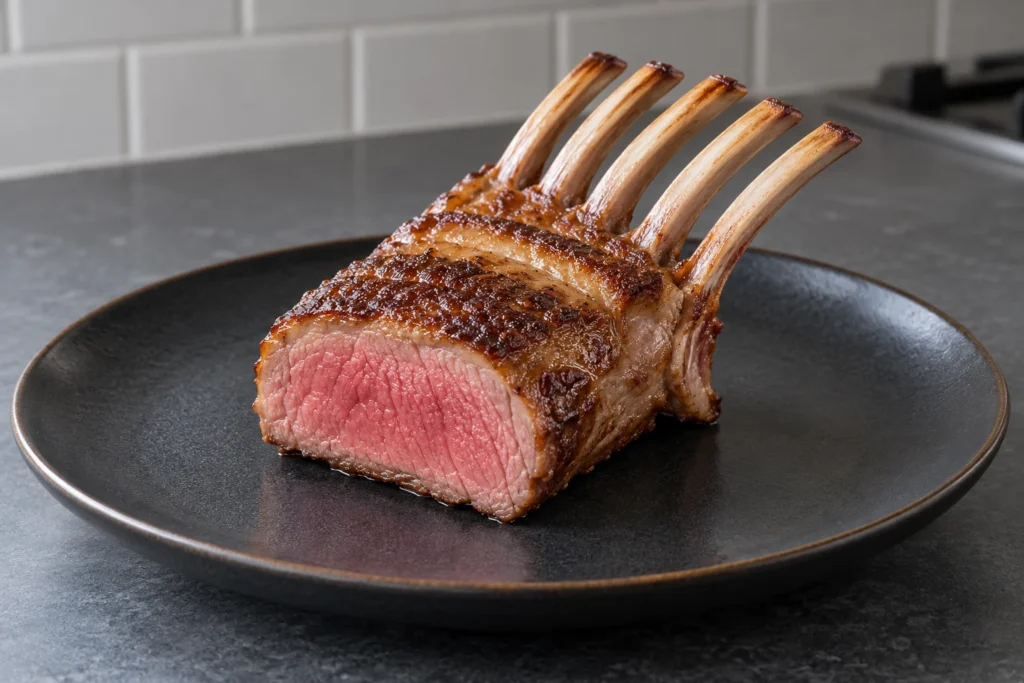 A plain pan-seared rack of lamb with exposed bones and a rosy medium-rare cut face on a dark plate.