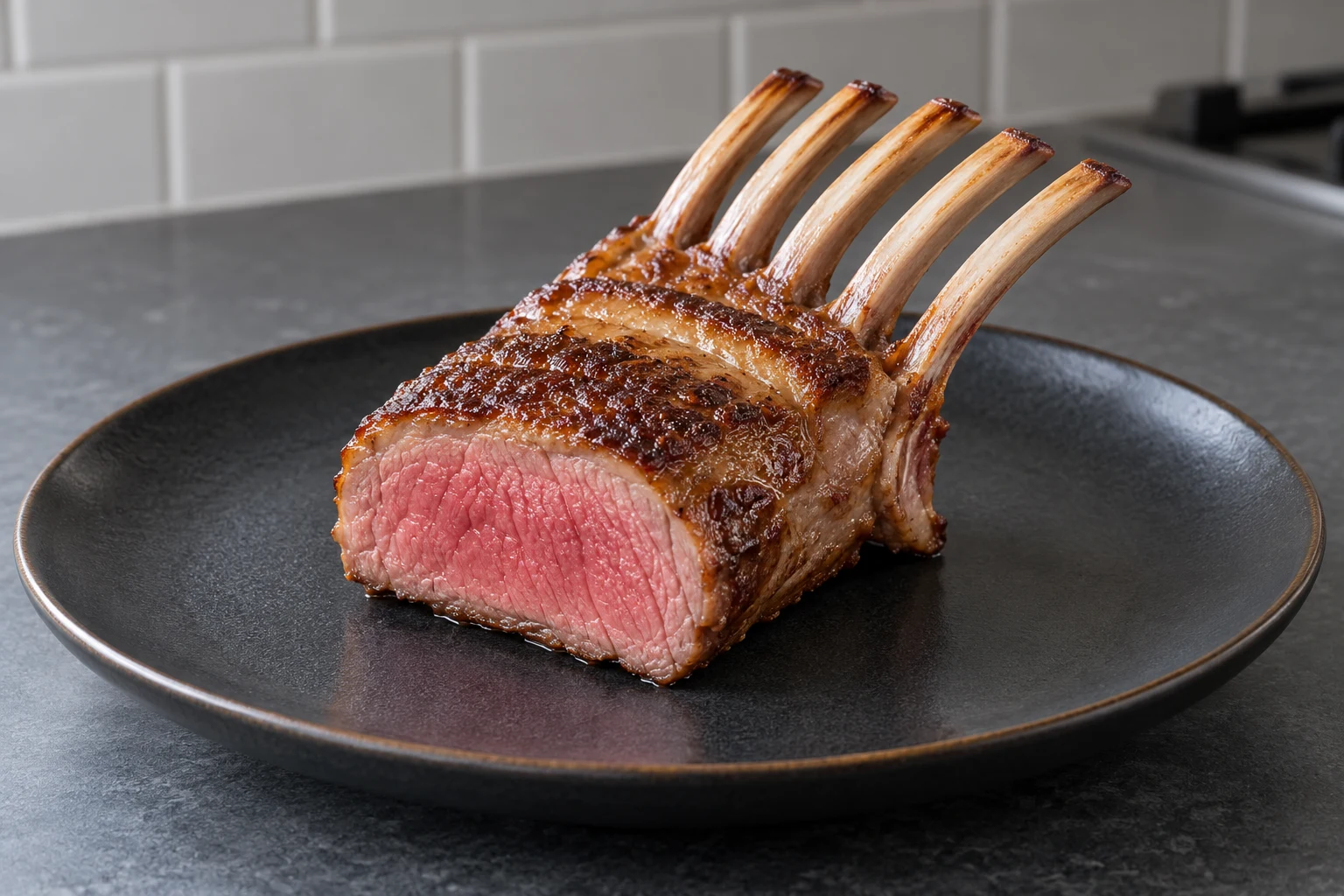 A plain pan-seared rack of lamb with exposed bones and a rosy medium-rare cut face on a dark plate.