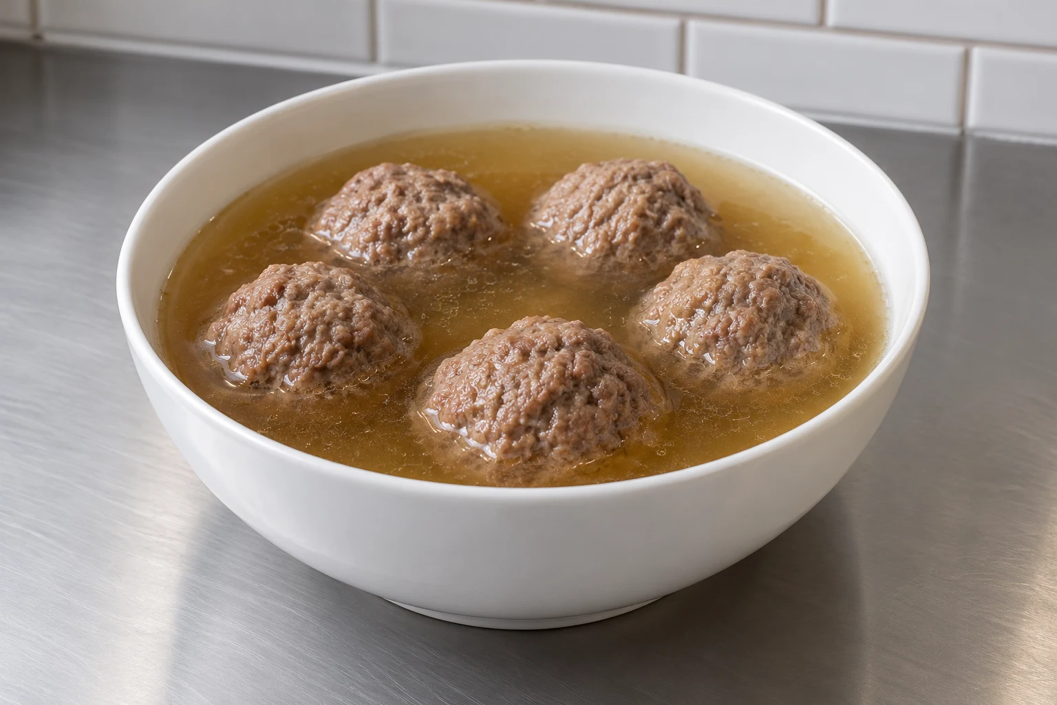 Six plain beef meatballs partially submerged in clear amber bone broth in a white bowl.