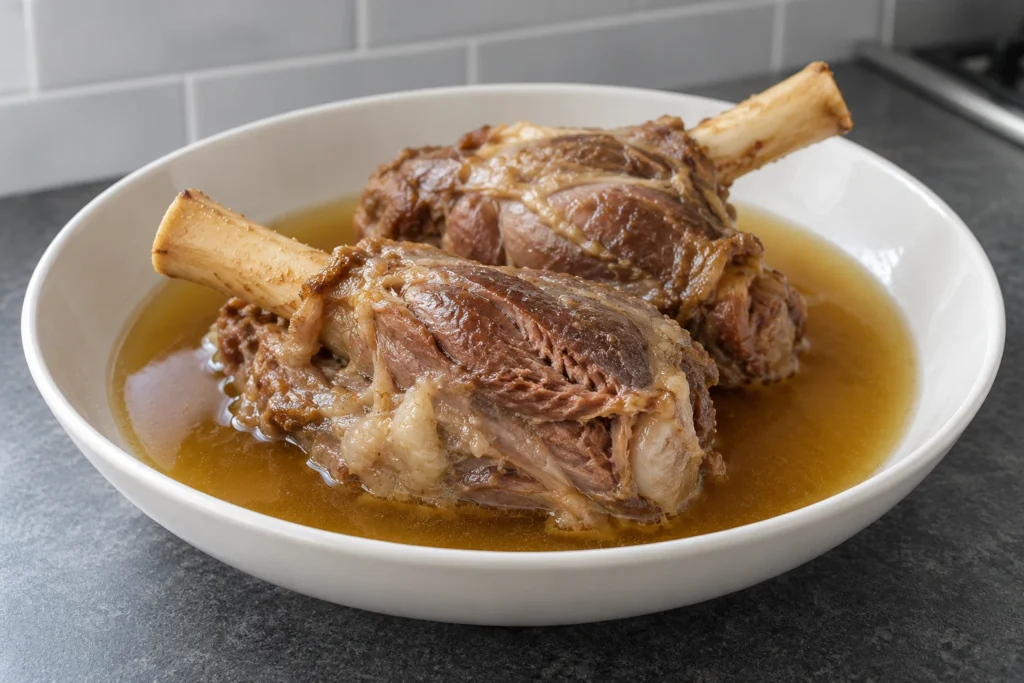 Two tender bone-in braised lamb shanks in clear amber meat broth in a white bowl.