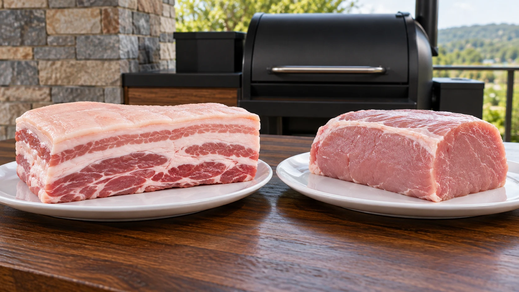 Layered pork belly beside lean pork loin on white plates.